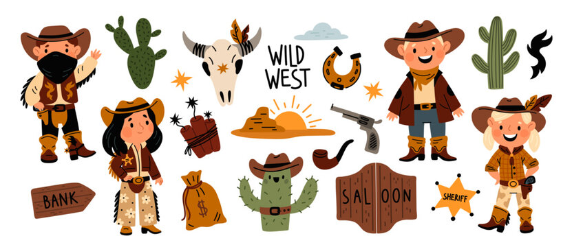 Cartoon Cowboys. Cute Male And Female Wild West Characters. Sheriff Badge. Desert Cactus. Western Boys And Girls. Prairie Landscape. Gun And Dynamite. Garish Vector Isolated Elements Set