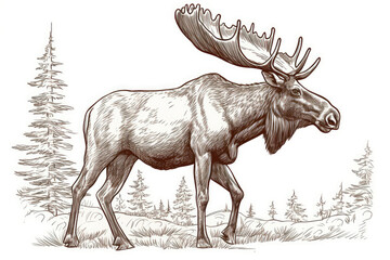 Illustration of a moose in a forest, sketch, Generative AI