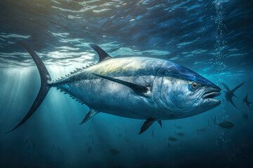 Obraz premium Close big bluefin tuna fish swimming in clear ocean water, Generative AI