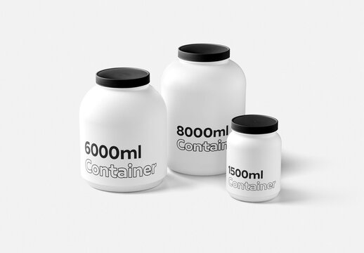 Mockup of customizable 8000ml, 6000ml and 1500ml protein powder containers and labels available against customizable color background