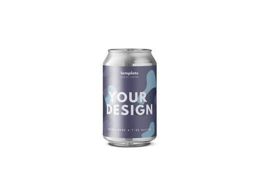 Mockup of customizable 12oz or 33cl drinks can and label available against customizable color background