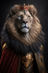 Fototapeta na wymiar Portrait adult Lion dressed like a king with a crown, Generative AI