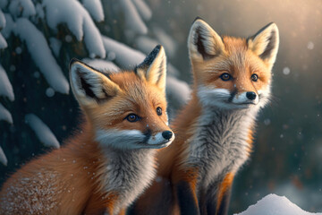 Two red fox cubs in winter time, Generative AI