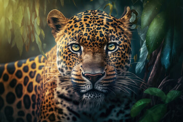 Fototapeta na wymiar Leopard portrait on jungle background, Generative AI