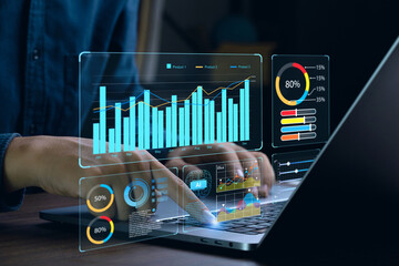 Businessman works on laptop Showing business analytics dashboard with charts, metrics, and KPI to analyze performance and create insight reports for operations management. Data analysis concept.Ai - obrazy, fototapety, plakaty
