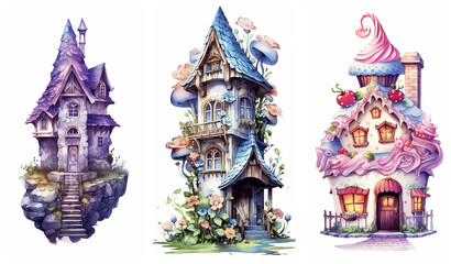 Watercolour fantasy colourful  houses. Greeting cards and envelopes artwork project.