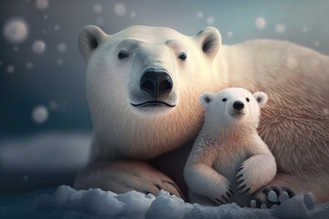 Obraz na płótnie Canvas Mother and baby Polar bear in Antarctica, Generative AI