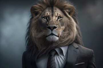 Portrait of a lion in a business suit on dark background, Generative AI
