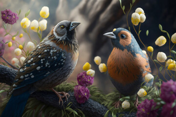 Two birds on branch tree with bloom, AI Generative