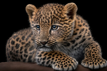 Fototapeta na wymiar Portrait of a baby leopard on a black background, AI Generative