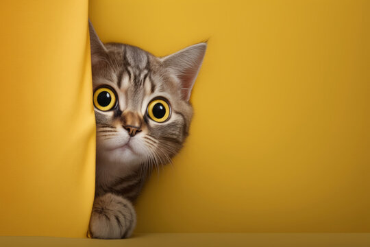 Frightened cat peeks out from behind a yellow background, Generative AI