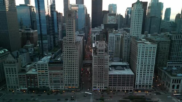 Aerial view down downtown Chicago streetway, Millenium Park