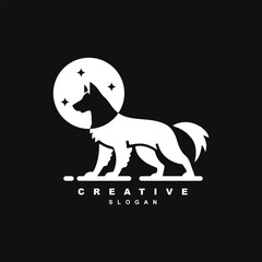 Vintage midnight howling wolf with moon and star logo design