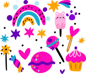 Cute unicorn sweets. Cartoon desserts. Colorful rainbow and stars. Magic wand. Ice cream. Lollipop and candy. Yummy cake. Delicious caramel lolly. Vector isolated food pink elements set