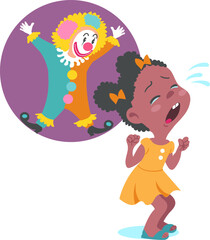 Kids fear. Crying frightened girl afraid of clown. Spooky circus buffoon. Children phobia. Anxiety imagination. Fearful jester. Panicked young person. Horror illusion. Vector concept