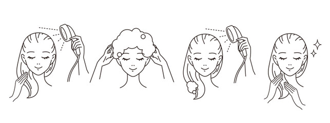 シャンプーをしている女性/シャンプーの使用方法のベクターイラスト素材 Woman shampooing / Vector illustration of how to use shampoo - obrazy, fototapety, plakaty