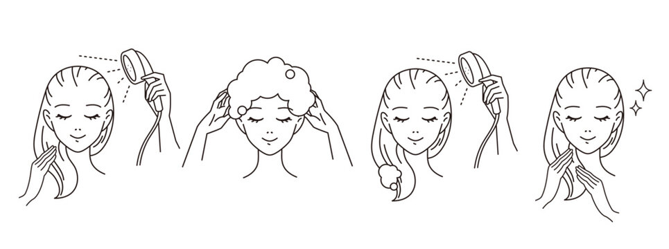 シャンプーをしている女性/シャンプーの使用方法のベクターイラスト素材 Woman shampooing / Vector illustration of how to use shampoo