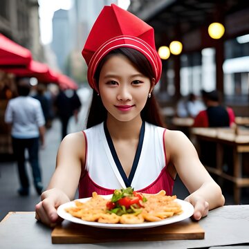 Delight street food with a charming twist! This image features a lovely girl savoring fried prawns, perfect for food and travel blogs.