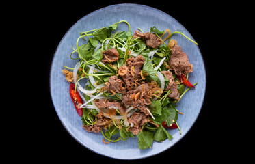 Vietnamese stir fried chayote with beef isolated on black background