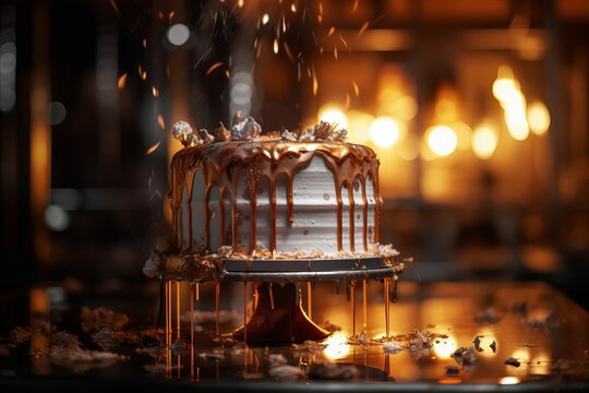 dramatic dynamic food photography of an ornate white wedding cake made of glowing dripping molten metal | Created With Generative AI