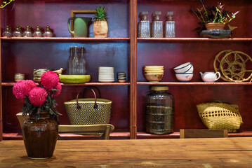 Loft style with wooden furniture in a Vietnamese coffee shop 