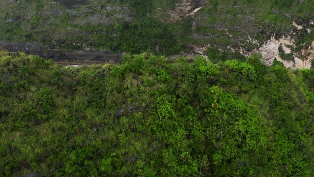 Famous attraction on kelingking beach from a bird's-eye view. Beautiful aerial landscape of rocky coast of tropica white sand beach on island of Nusa Penida Indonesia. Paradise amazing wild beach.
