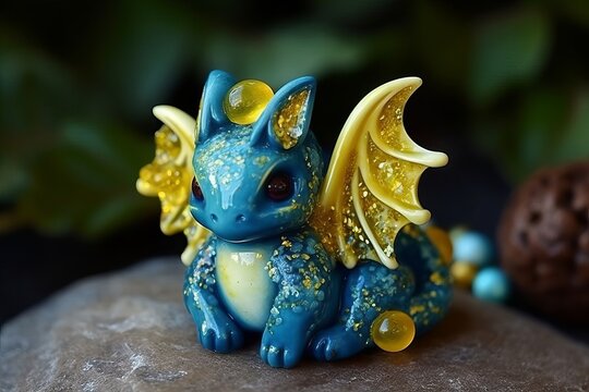 Very sweet glacial, baby-dragon in blue and Yellow, chibi baby jeweled wings | Created With Generative AI