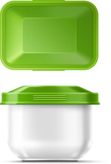 Transparent food container. Realistic plastic product box with green cap. Meal storage packaging mockup. Square pot. Top and side view. Snack pack. Vector isolated empty reusable package