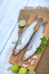 Mullet, Buri, one of the most popular sea fish, sea fish, on a white table, healthy food, very useful product, contains protein, easily digestible, omega-3 fatty acids, cooking method, background, pho