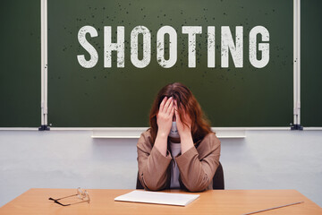 Text school shooting on the blackboard and sad teacher in the classroom. Problems with violence and...