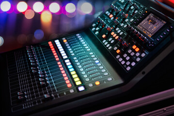 Fototapeta na wymiar Professional audio studio sound mixer console board panel