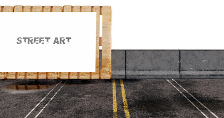 Leere, weiße Freifläche. Nasse Strasse mit Betonsperrwandteilen. Street Art. 