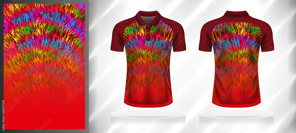 Wall mural Vector sport pattern design template for Polo T-shirt front and back with short sleeve view mockup. Shades of red-green-blue-pink color gradient abstract grunge texture background illustration. - Wall murals