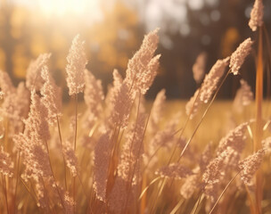 Fototapeta premium Grass in the field. Field of ripe wheat against the blue sky