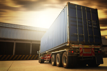 Semi Trailer Truck on The Parking Lot at Warehouse. Container Tractor Truck. Trucking. Shipping Lorry Diesel Trucks. Freight Truck Logistics, Cargo Transport.