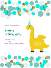 Fototapeta premium Fantasy dragon or dino, beautiful background. Birthday invitation. Vector illustration.