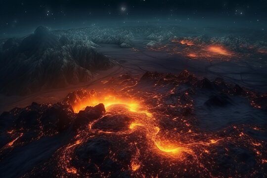 View from sky, Night landscape with universe made from molten exploding filigree quantum particles over the molten lava landscape | Created With Generative AI