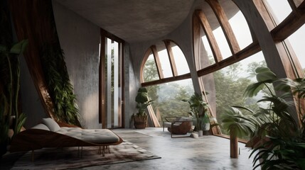 Jungle living room interior in a treehouse. Designed using generative ai. 