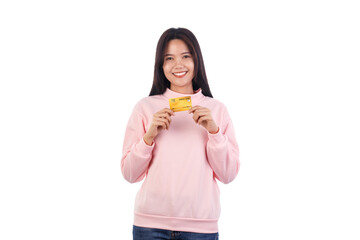 Young Asian woman smiling showing credit card isolated on white background, making payment, paying online business