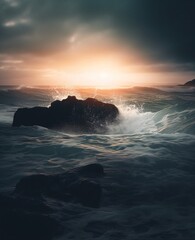 Obraz premium waves breaking in the ocean at sunset. Designed using Generative ai