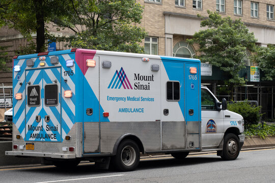 New York, NY, USA - July 8, 2022: A Mount Sinai ambulance is seen on the streets in the Morningside Heights neighborhood. Mount Sinai Health System is an integrated healthcare system in New York City.