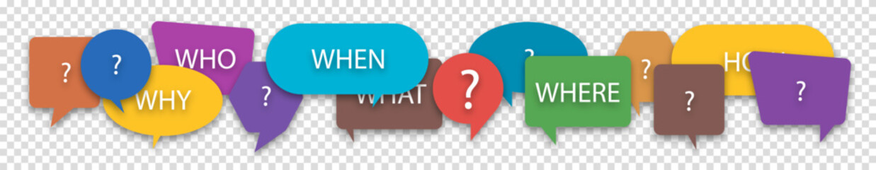 Questions who, what, how, why, for what and where on a colorful speech bubble icons. Communication inclusion people concept. Vector illustration on transparent background.