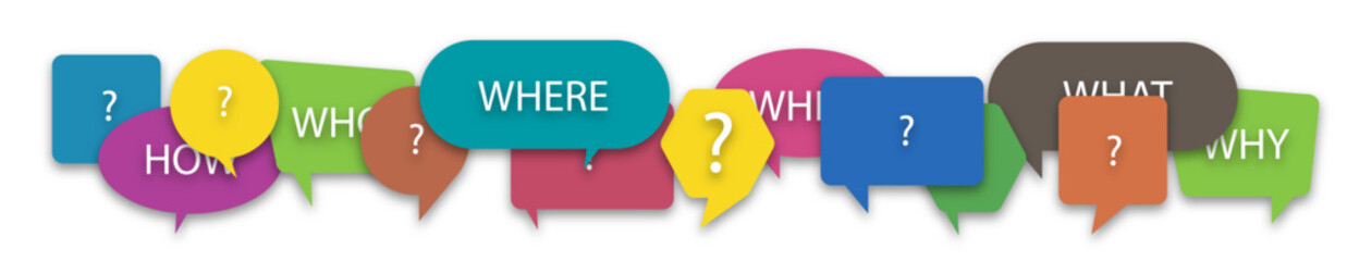 Questions who, what, how, why, for what and where on a colorful speech bubble icons. Communication inclusion people concept. Vector illustration on a white isolated background.