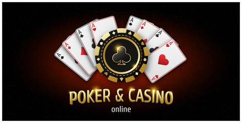 Illustration with text Poker and Casino. Realistic playing chip with the suit of clubs, gambling tokens. Fans of playing cards ace of all suits. Gambling banner for web application or site. Vector