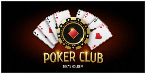 Illustration with text Poker Club. Realistic playing chip with diamond suit, gambling tokens. Fans of playing cards ace of all suits. Gambling banner for web application or site. Vector illustration.