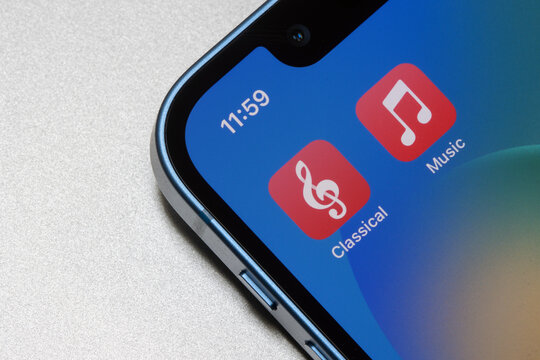 Portland, OR, USA - May 7, 2023: Apple Music Classical and Apple Music app icons are seen on an iPhone. Apple Music Classical is a brand-new standalone streaming app for classical music lovers.