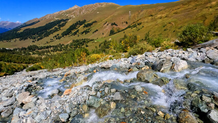 Fototapeta na wymiar cute fast mountain ridge river with clear water at summer day - photo of nature