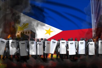 Philippines police squad on city street are protecting order against demonstration - protest fighting concept, military 3D Illustration on flag background