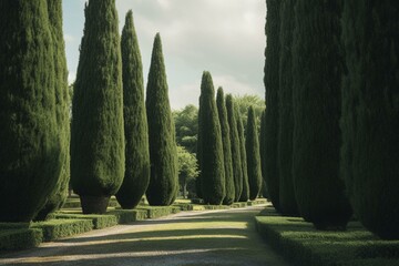 Park with cone-shaped poplars and manicured cypress trees. Generative AI - obrazy, fototapety, plakaty