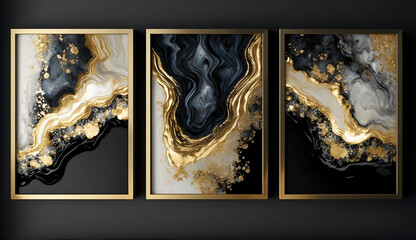 Wall frames. Golden and Black liquid marble, Generative AI
